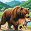 クマが柴犬を咥えて森へ逃走